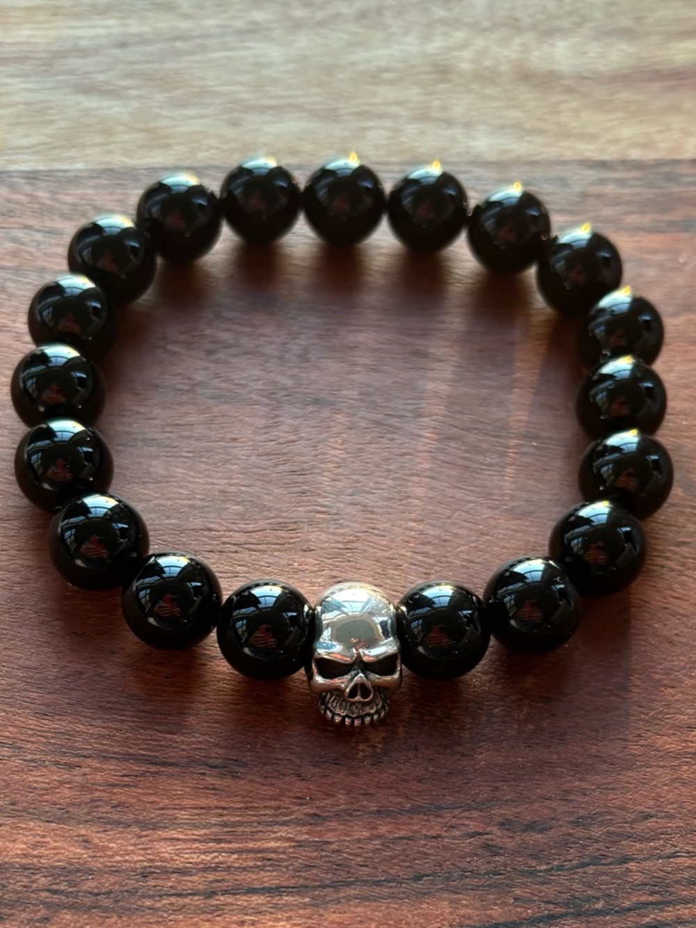 Black Onyx Bead Bracelet with Sterling Silver Skull Accent Unisex